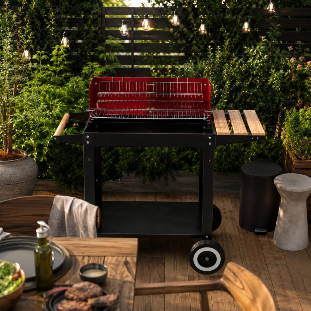 Barbecue Con Griglia Regolabile Accessori Inclusi Ripiano Laterale Mensola Inferiore Ruote Integrate E Griglia Scaldavivande 86 x 40.5 x 81 Cm Nero