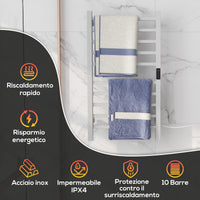 Scaldasalviette Elettrico Smart 45x11x80 cm a 10 Barre con Timer e Display LCD in Acciaio Inox Bianco