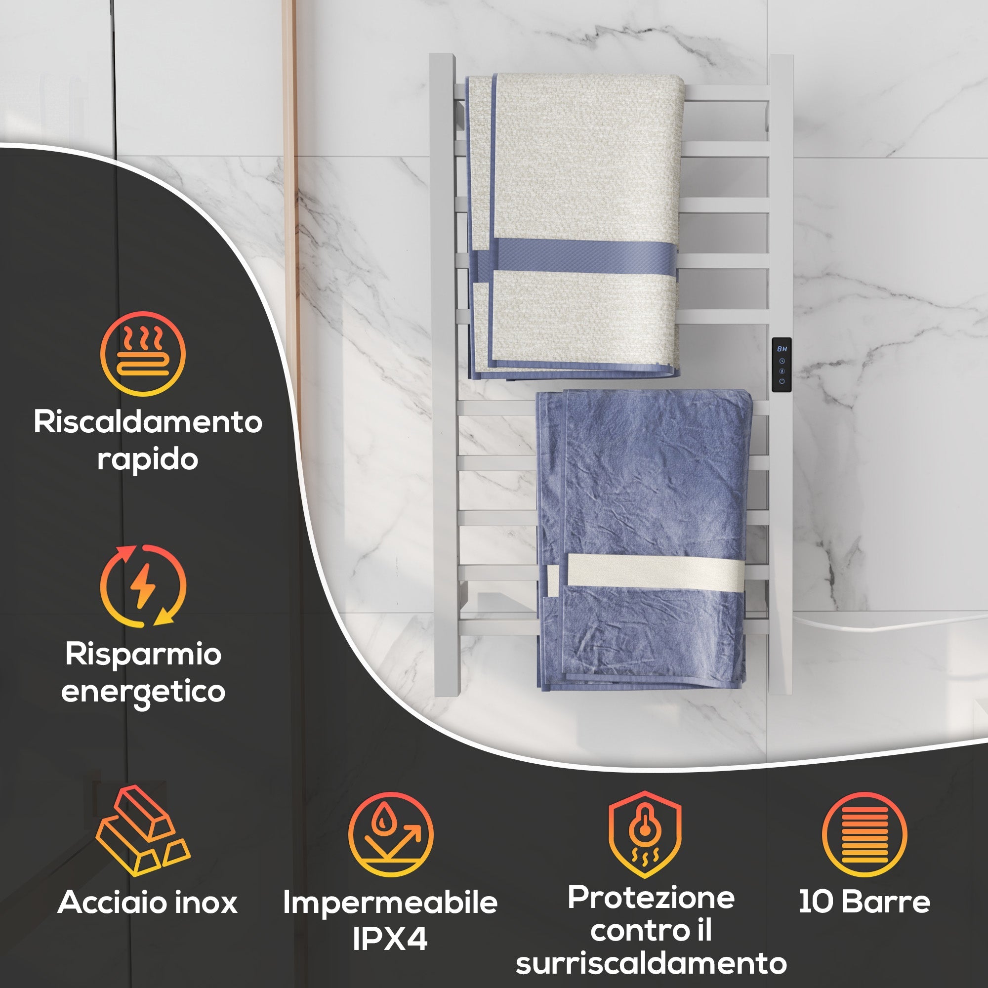 Scaldasalviette Elettrico Smart 45x11x80 cm a 10 Barre con Timer e Display LCD in Acciaio Inox Bianco