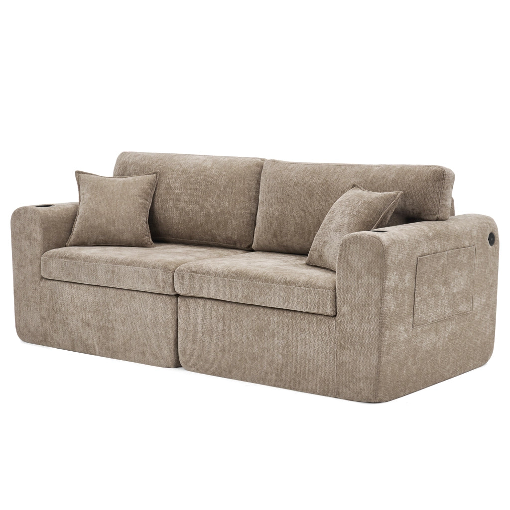 Divano 2 posti relax in chenille con USB; tasca laterale; portabevande e cuscini; marrone