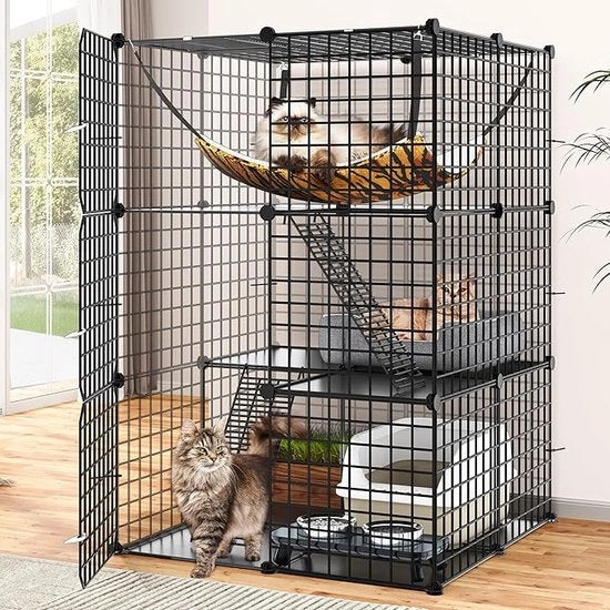 Casa per gatti in tre piani con lettino per 1-2 gatti - recinzioni per gatti indoor con resistenza in filo metallico - adatto per topi, chinchilla, conigli - 72 x 72 x 104 cm
