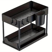 Organizzatore multifunzionale per cucina e bagno con 2 contenitori per posate e 5 ganci sotto il lavandino - Nero