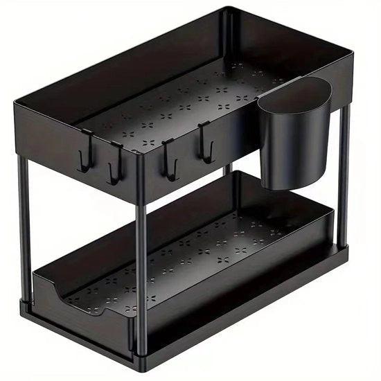 Organizzatore multifunzionale per cucina e bagno con 2 contenitori per posate e 5 ganci sotto il lavandino - Nero