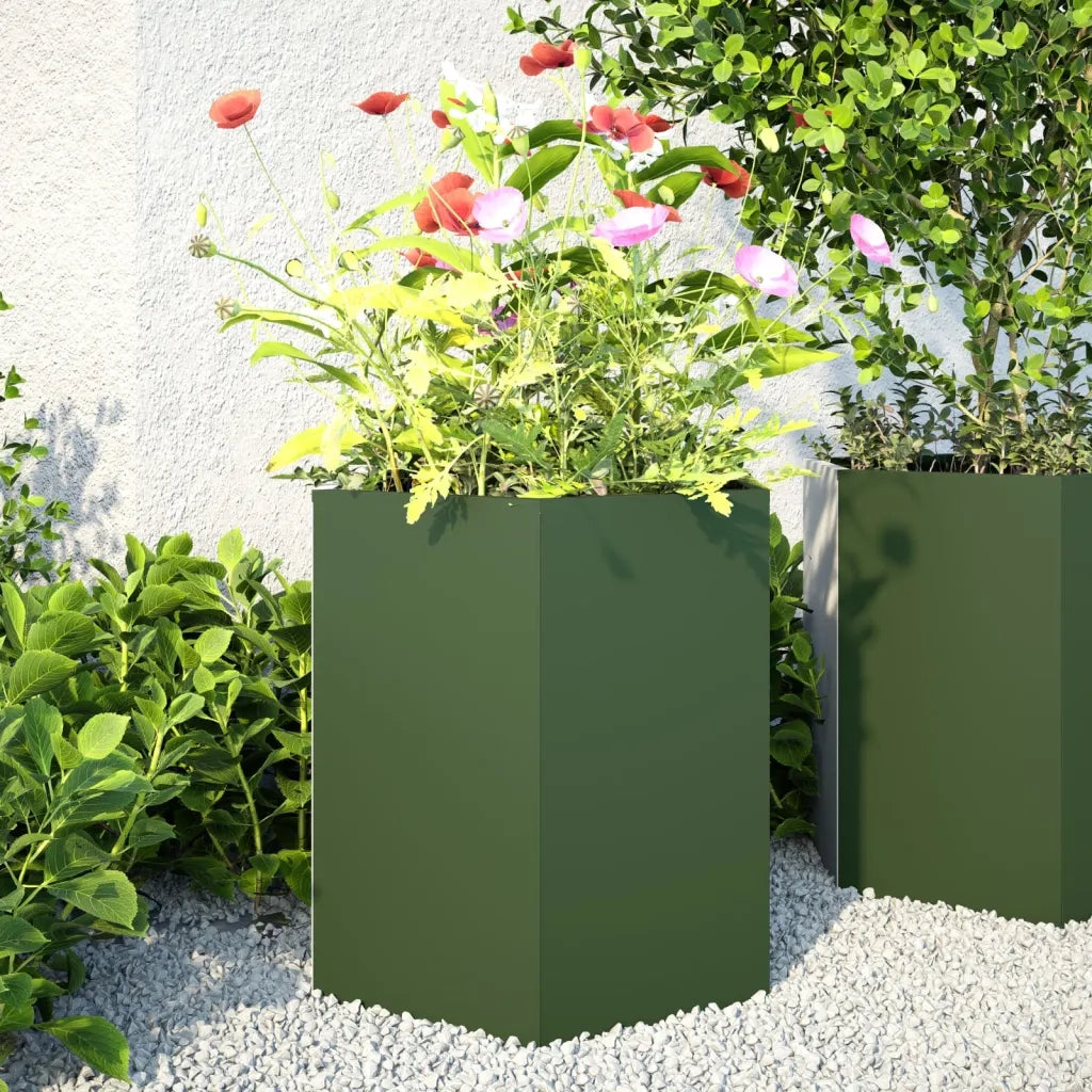 2 pz Fioriere | Cassetta per fiori | Vaso da Giardino Verde Oliva Esagono 46x40x45cm Acciaio