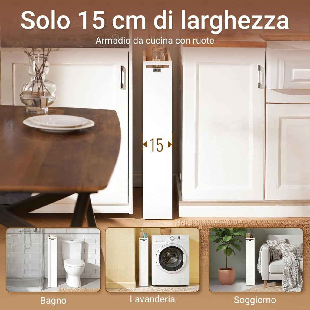 Carrello Cucina Salvaspazio con Ruote 15cm Larghezza – Mobiletto Cucina Stretto con 3 Ripiani, Scaffale Cucina e Portaoggetti per Bagno o Ufficio, Bianco ed Effetto Legno 80x15x50cm NSR12-W