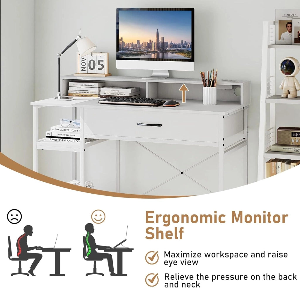 Scrivania per Computer con Cassetto e Scaffale a 2 Livelli, Scrivania per Home Office con Mensola per Monitor e Stazione di Ricarica Integrata (Bianco)