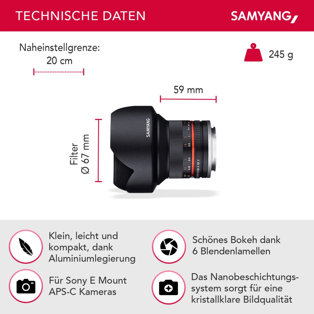 Obiettivo grandangolare fisso 12mm F2.0 APS-C per Sony E- APS-C, MF – Fotocamera Alpha 6600 6500 6400 6300 6100 6000 5100 5000 – nero