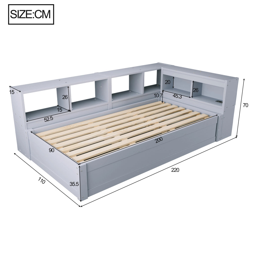 Letto divano singolo 90 × 200 cm con presa multifunzione, LED e contenitore idraulico, senza materasso, in MDF, grigio