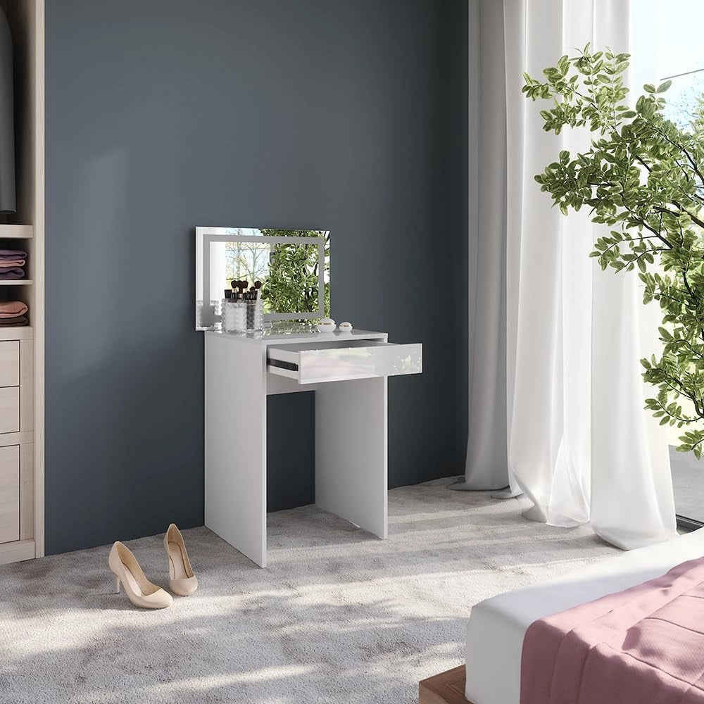 Tavolo da toeletta Sherry, Bianco/bianco lucido, 51.4 cm con specchio LED
