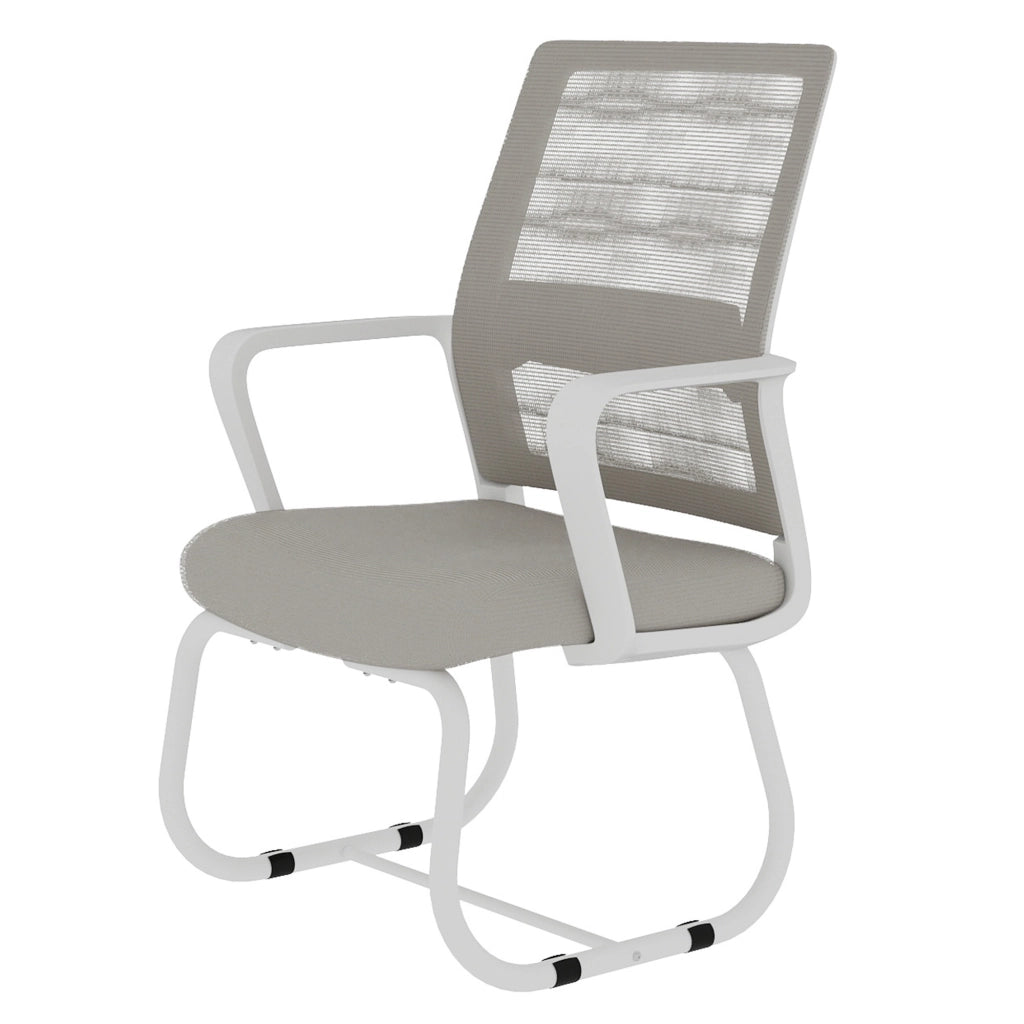 Sedia da ufficio ergonomica con schienale in rete traspirante e braccioli integrati in metallo e tessuto grigio bianco