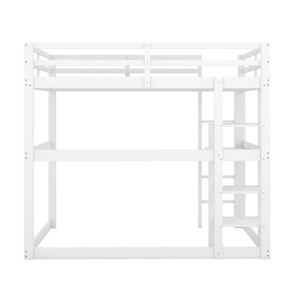 Letto a soppalco matrimoniale 140×200 cm con 4 ripiani e scrivania; senza materasso; pino; bianco antico