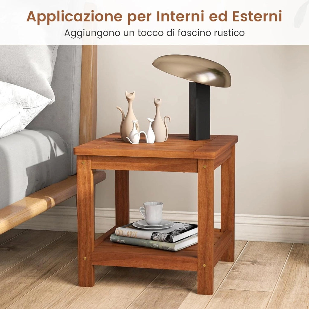 Tavolino Laterale da Esterno a 2 Livelli, Tavolino da Caffè in Legno Massello con Ripiano Portaoggetti, Tavolo Quadrato in Stile Rustico per Patio, Giardino, Veranda e Soggiorno