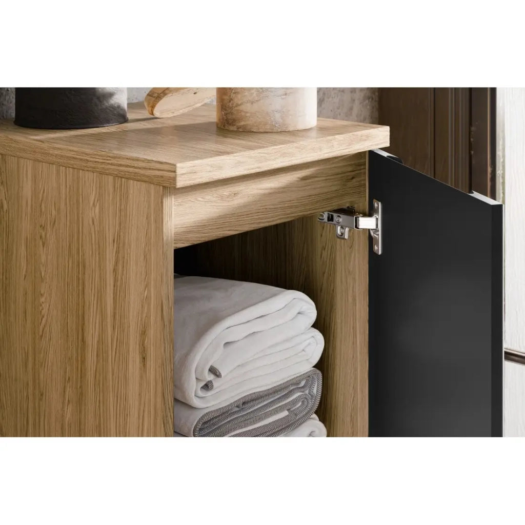 Mobile sottolavabo VELNIA – 1 anta – 30 cm – Colori rovere chiaro e nero – Da appendere