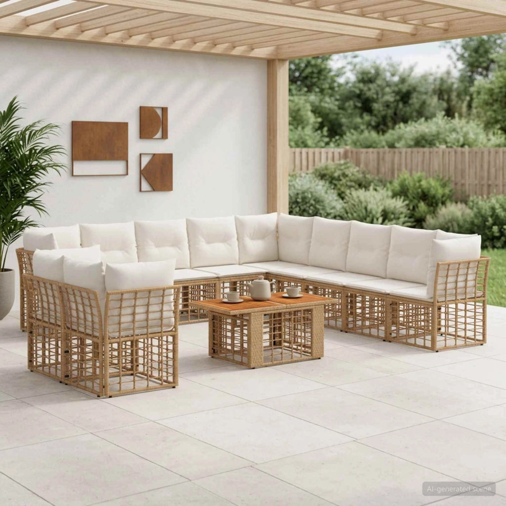 Set Divano da Giardino 12 pz Naturale e Bianco Crema polyrattan 3437884