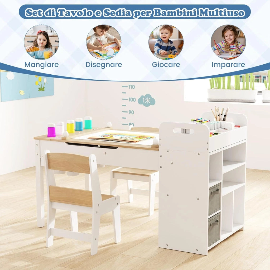 Set Tavolo e Sedie per Bambini con Rotolo di Carta, Tavolino per Cameretta con 2 Sedie, Piano Ribaltabile, Ripiani, 8 Bicchieri per Pittura, 2 Cassetti Nascosti e 2 Ceste di Tessuto (Naturale)