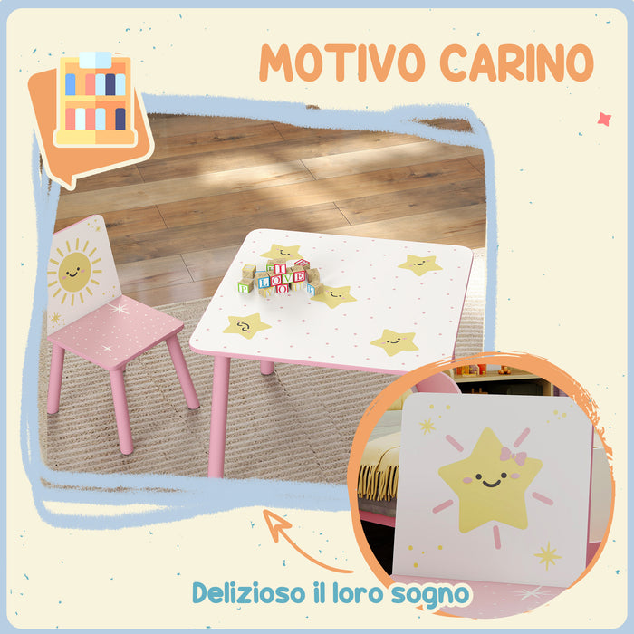 Set Tavolino e 2 Sedie per Bambini 3-8 Anni in MDF Fantasia con Animali Rosa