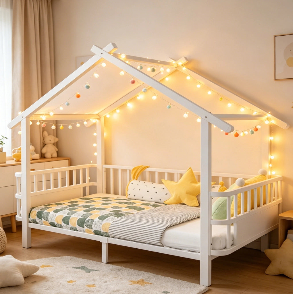 Letto per bambini in metallo a forma di casa 90x200 cm con sponde di sicurezza; bianco
