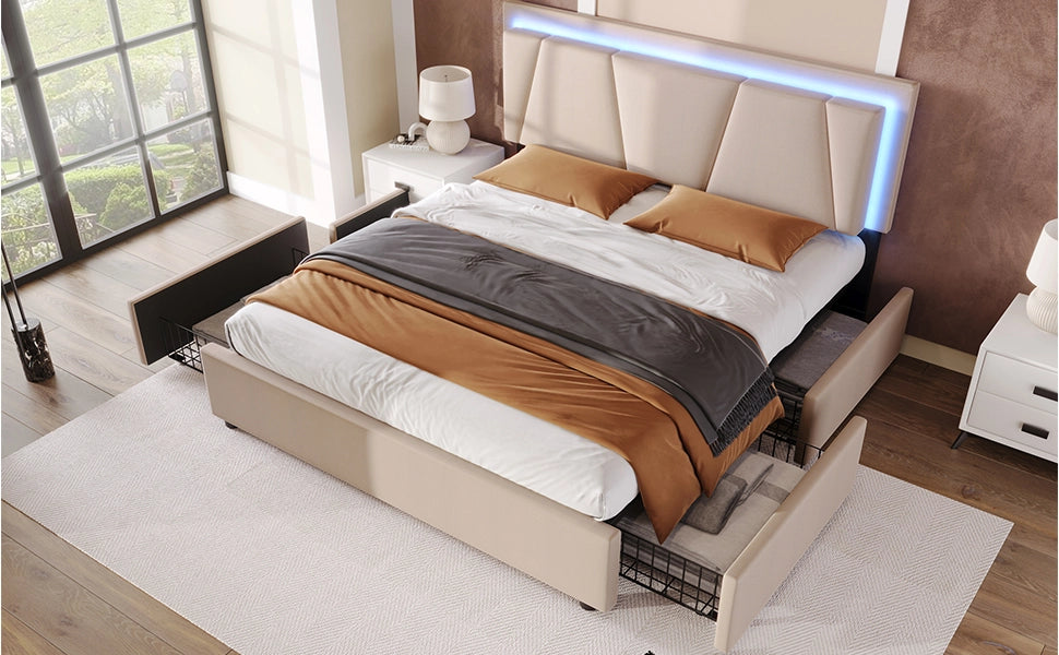 Letto con cassetti 160 × 200 cm con testiera regolabile, LED, 4 cassetti, senza materasso, in legno, beige