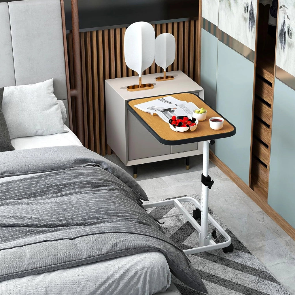 Tavolo da Letto con Ruote Universali, Tavolino Mobile a Forma di C, Comodino Mobile con Altezza Regolabile e Piano Inclinabile, per Camera da Letto e Ospedale