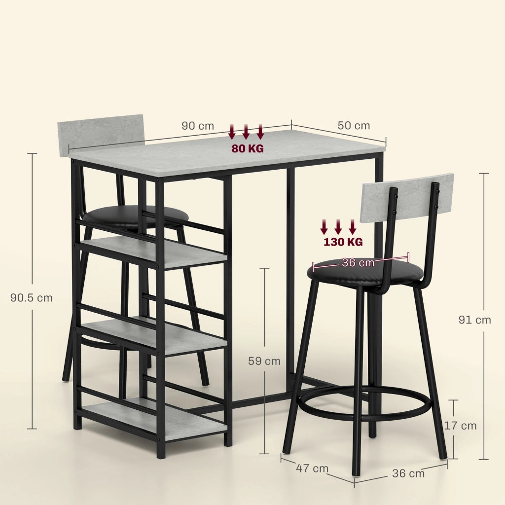 Set da Pranzo 3 Pezzi con Bancone Bar con Ripiani e 2 Sedie Alte con Schienale, Grigio Chiaro