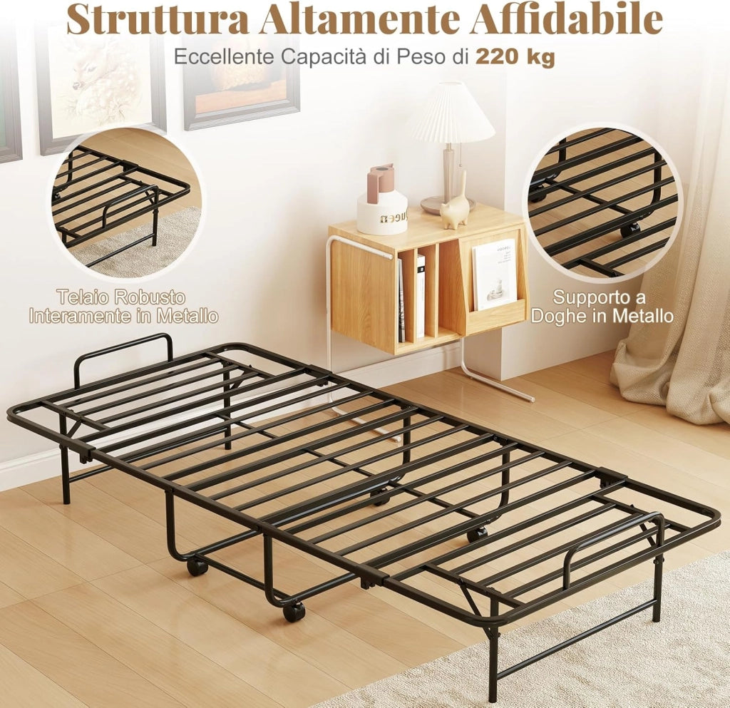 Brandina Pieghevole con Materasso, Letto Portatile per Ospiti con Telaio in Metallo Resistente, Letto Singolo con Ruote Bloccabili, 194x90 cm, Carico 220 kg