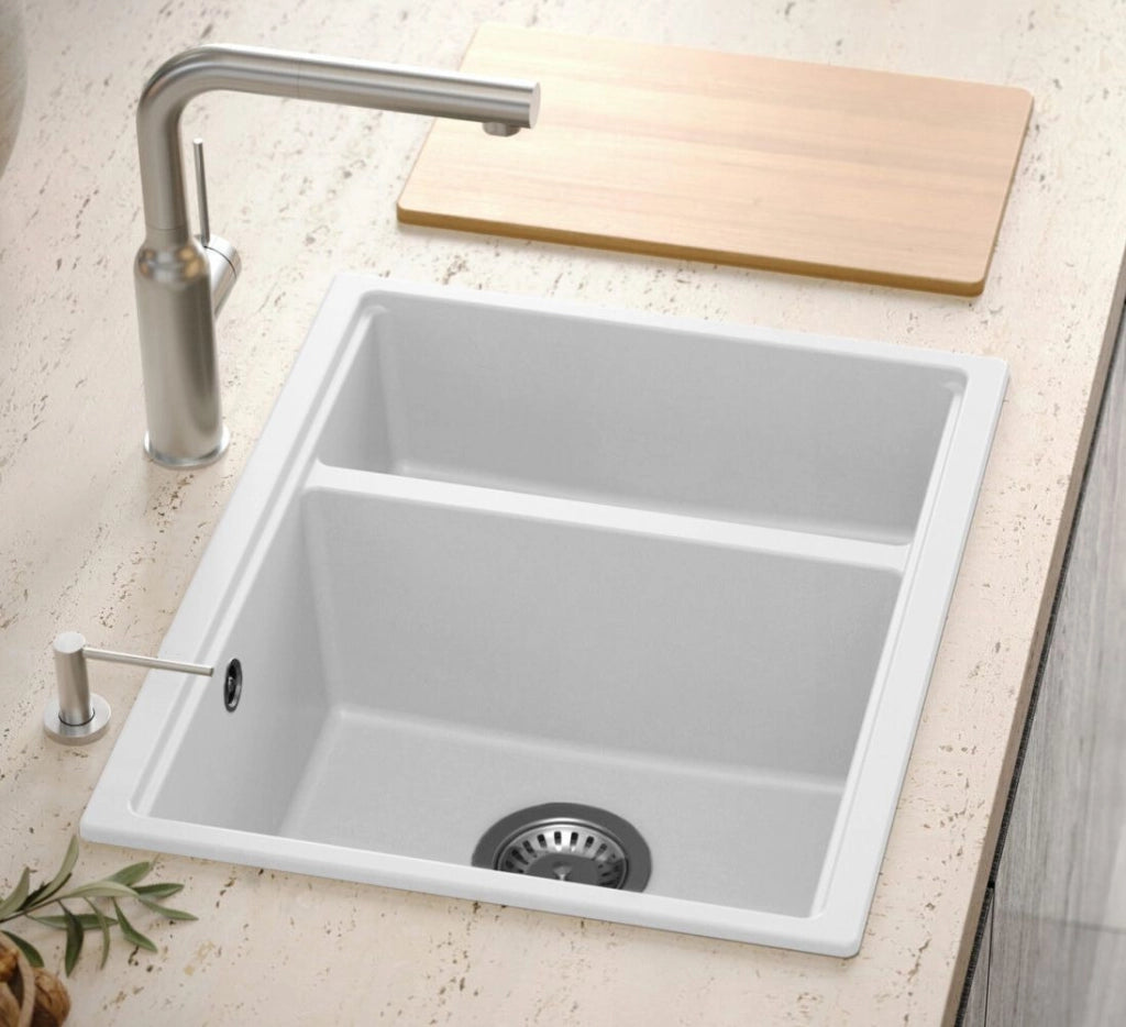 Lavello In Granito Logan 150 White Tappo acciaio