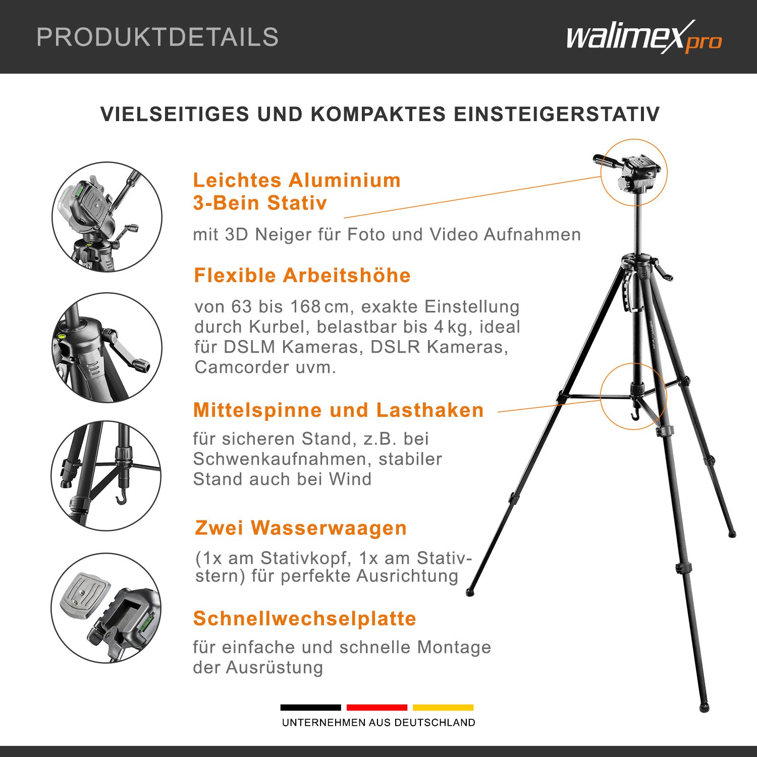 WT-3570 Cavalletto fotografico basic 168 cm nero, con testa a 3 vie e livella, Treppiede Stativo per foto video fotocamere DSLR DSLM action cam