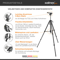 WT-3570 Cavalletto fotografico basic 168 cm nero, con testa a 3 vie e livella, Treppiede Stativo per foto video fotocamere DSLR DSLM action cam