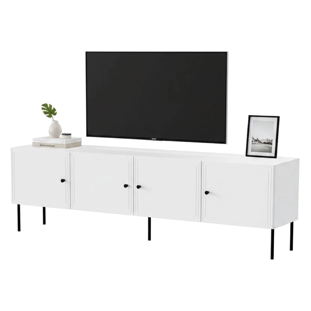 Mobile porta TV Piode, Madia da salotto con quattro ante battenti, Rialzato da terra, 201x40 h60 cm, Bianco