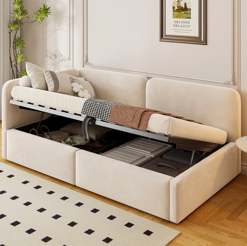 Divano letto imbottito 207x96x78 cm con spazio contenitore idraulico; tessuto beige