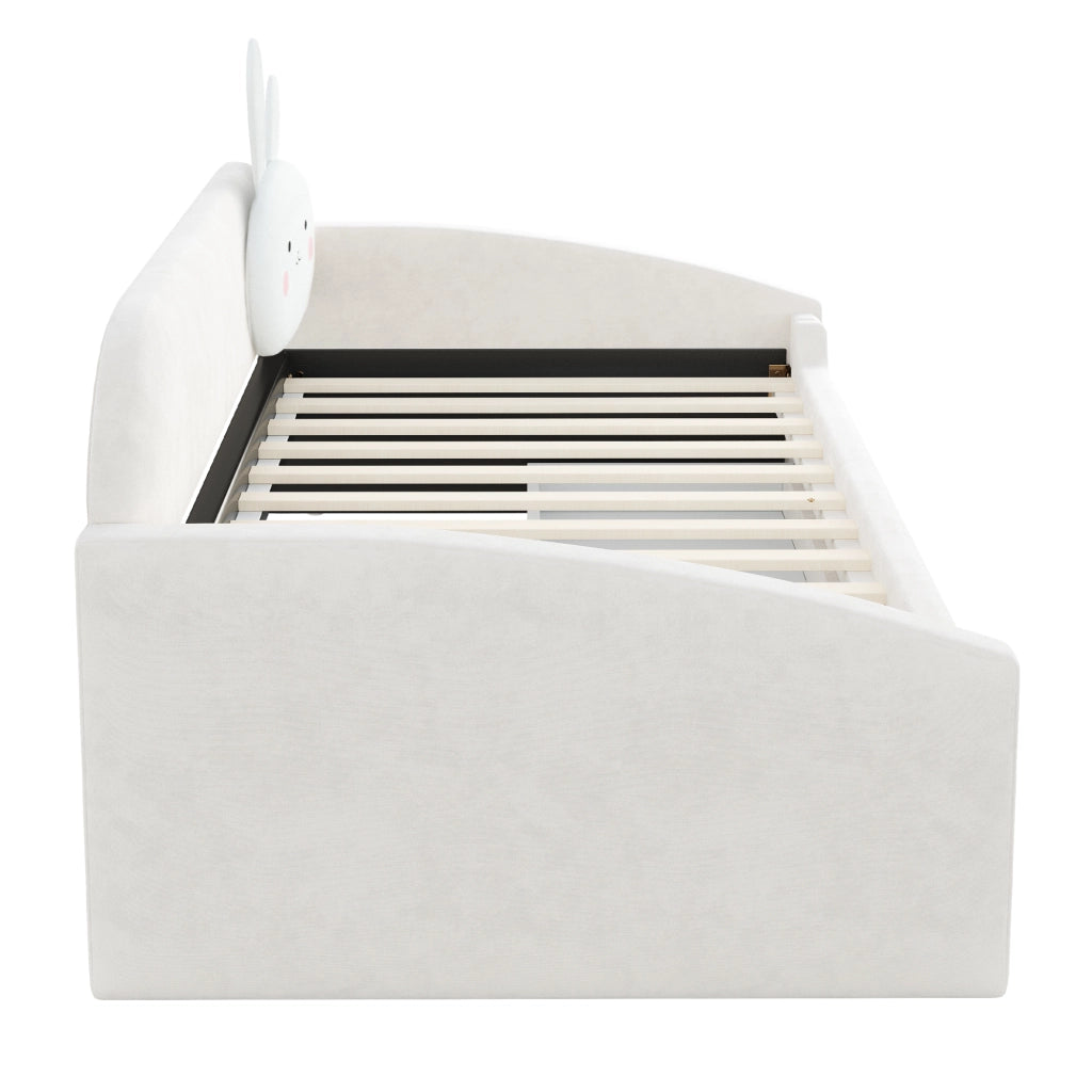 LETTO SOFA 90x200 cm in velluto beige con LED e 2 cassetti