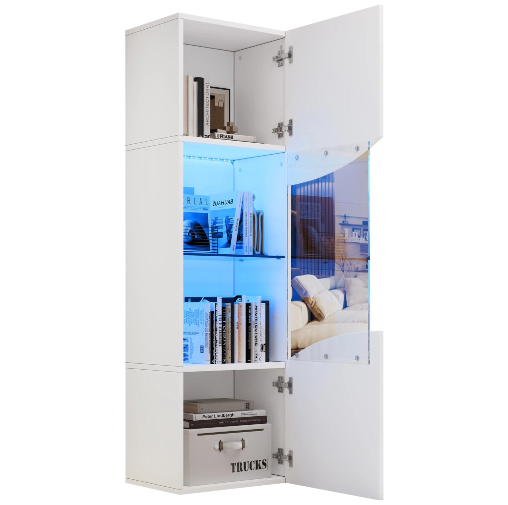 Vetrina alta e stretta 35 x 50 x 165 cm con LED; in pannello truciolare bianco lucido e vetro temperato