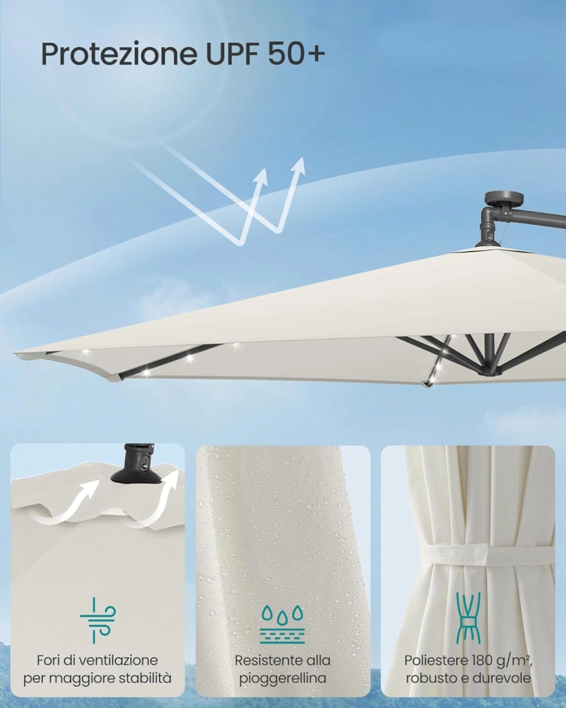 SONGMICS Ombrellone da Balcone con Illuminazione LED Solare, 32 Luci LED, con Base, Parasole UPF 50+, con Manovella, per Terrazza, Giardino