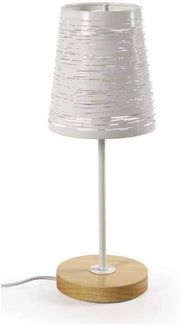 LAMPADA DA TAVOLO CON PARALUME IN METALLO BIANCO E BASE TONDA IN LEGNO DA 35 CM
