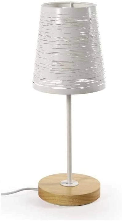 LAMPADA DA TAVOLO CON PARALUME IN METALLO BIANCO E BASE TONDA IN LEGNO DA 35 CM