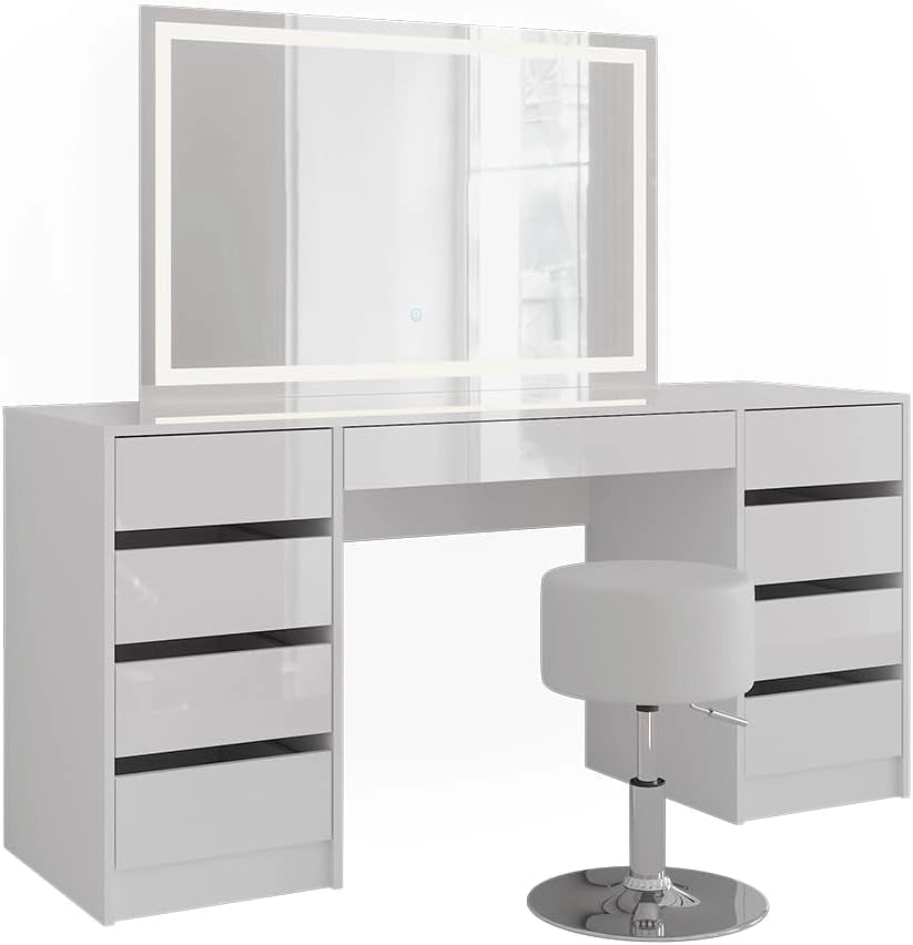 Tavolo da toeletta Sherry, Bianco/bianco lucido, 158.2 cm con specchio LED e sgabello