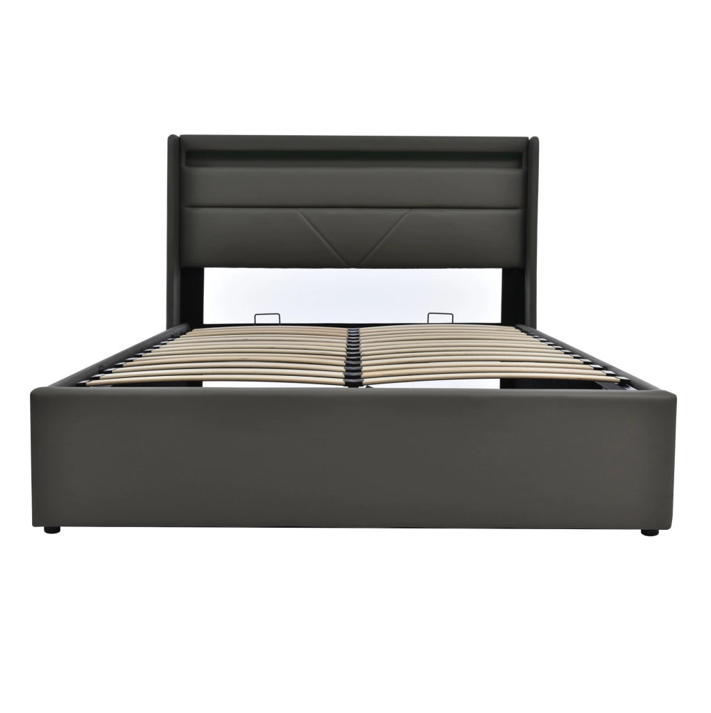 Letto matrimoniale contenitore 160x200 cm con LED e testiera imbottita; grigio