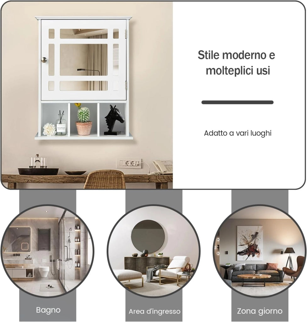 Mobiletto Bagno con Specchio in Legno, Armadio Farmacia da Muro, Armadietto da Parete per Bagno, 50 x 16 x 61 cm (Bianco)