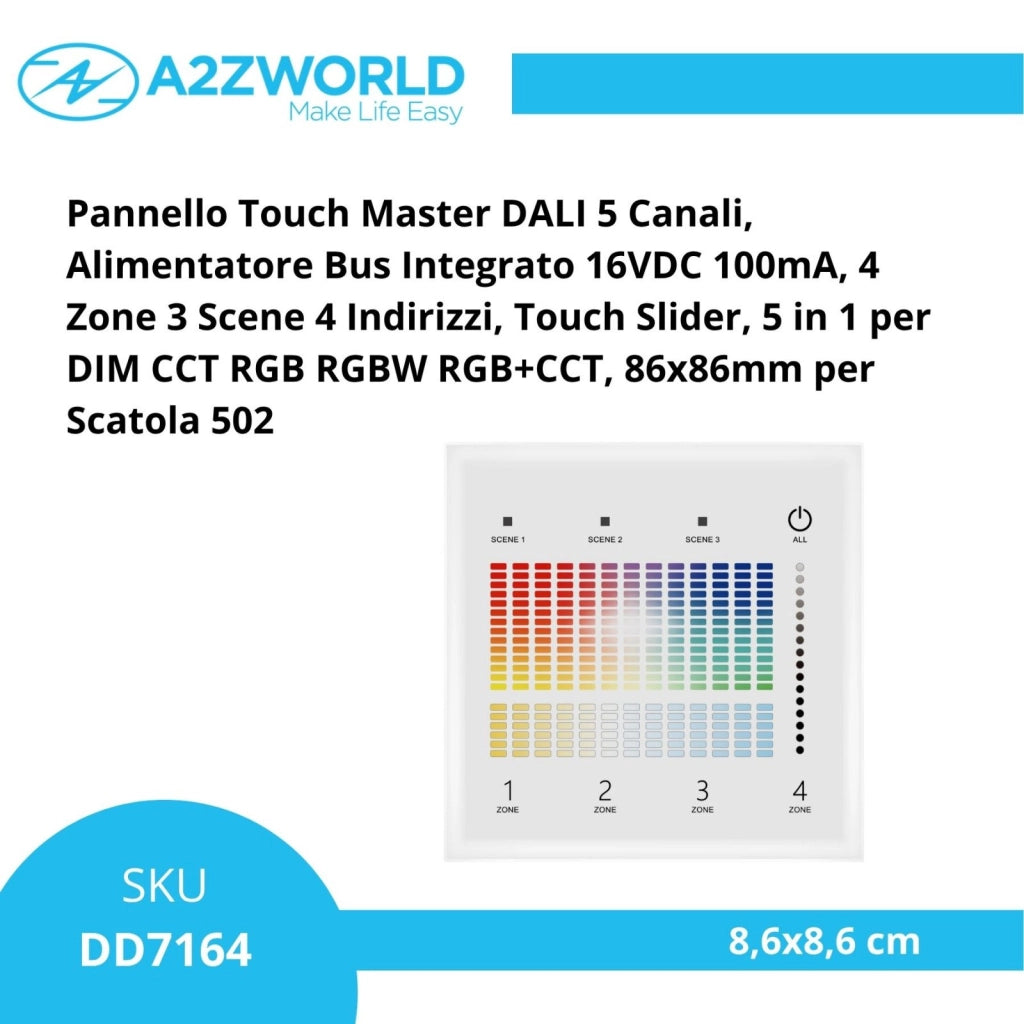 Pannello Touch Master DALI 5 Canali, Alimentatore Bus Integrato, 16VDC Max 100mA, 4 Zone 3 Scene 4 Indirizzi, Touch Slider, 5 In 1 Per DIM CCT RGB RGBW RGB+CCT, 86X86mm Per Scatola 502