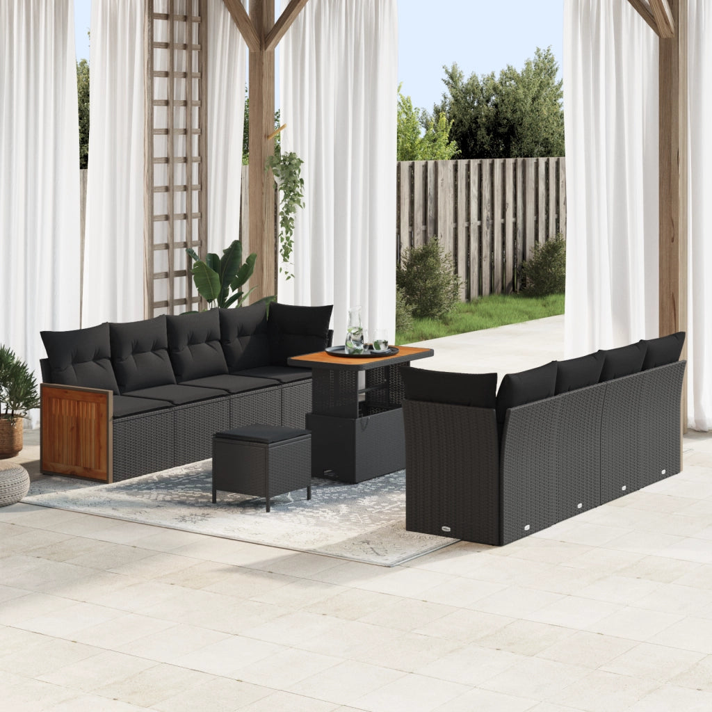 Set da Giardino  11 Pezzi con Cuscini Nero Rattan Poliaccia