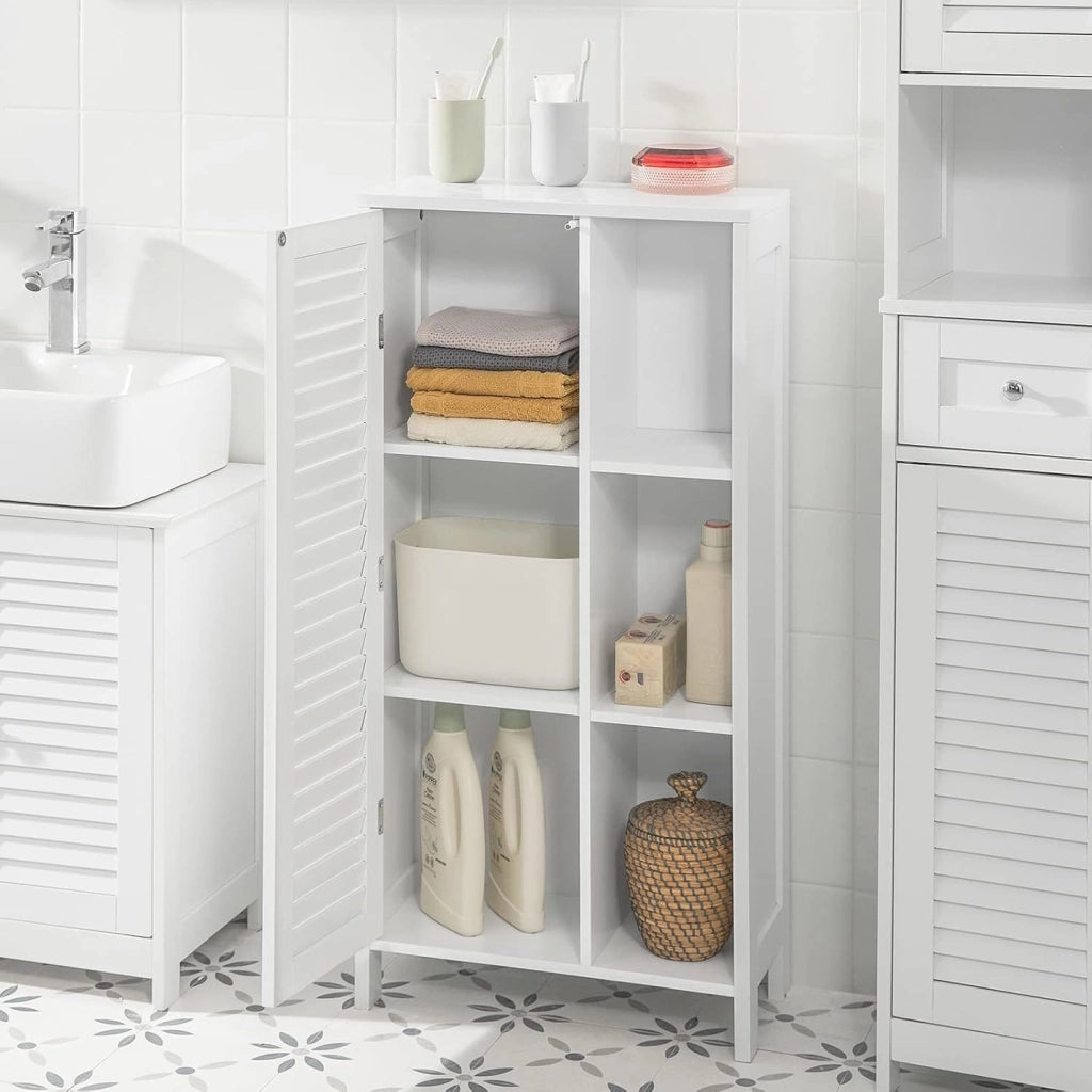 Mobiletto da Bagno – Armadio da Bagno Stretto con Porta Lamellata e 3 Ripiani Aperti, Mobile Salvaspazio, Resistente all'Umidità, Colonna per Cucina e Soggiorno, Bianco, 48x96x24cm, BZR39-W
