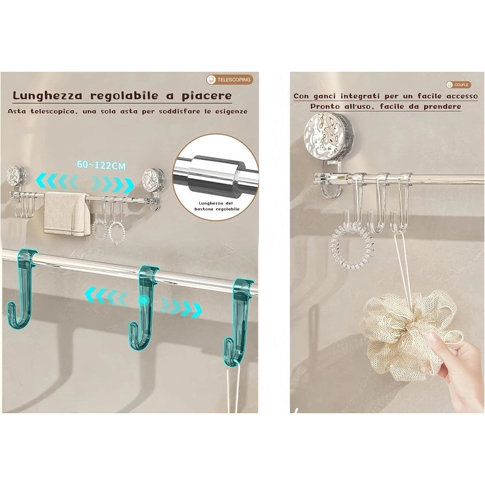 Trade Shop - Bastone Telescopico Regolabile 76-135cm A Ventosa Da Parete Con Ganci Rotazione A 180° -