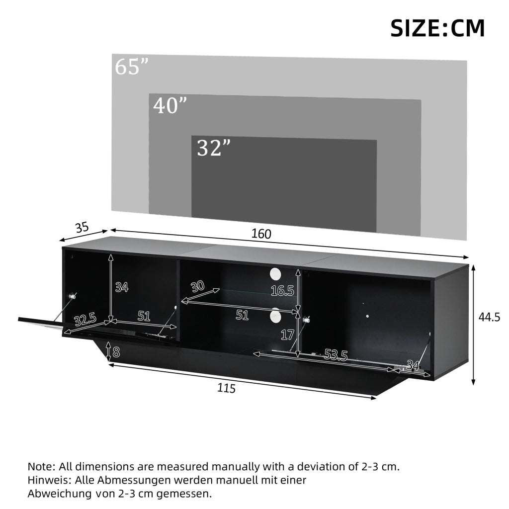 Mobile porta TV con LED RGB, 2 ante e 4 vani con ripiano in vetro regolabile, per soggiorno, nero, 160 × 35 × 44,5 cm