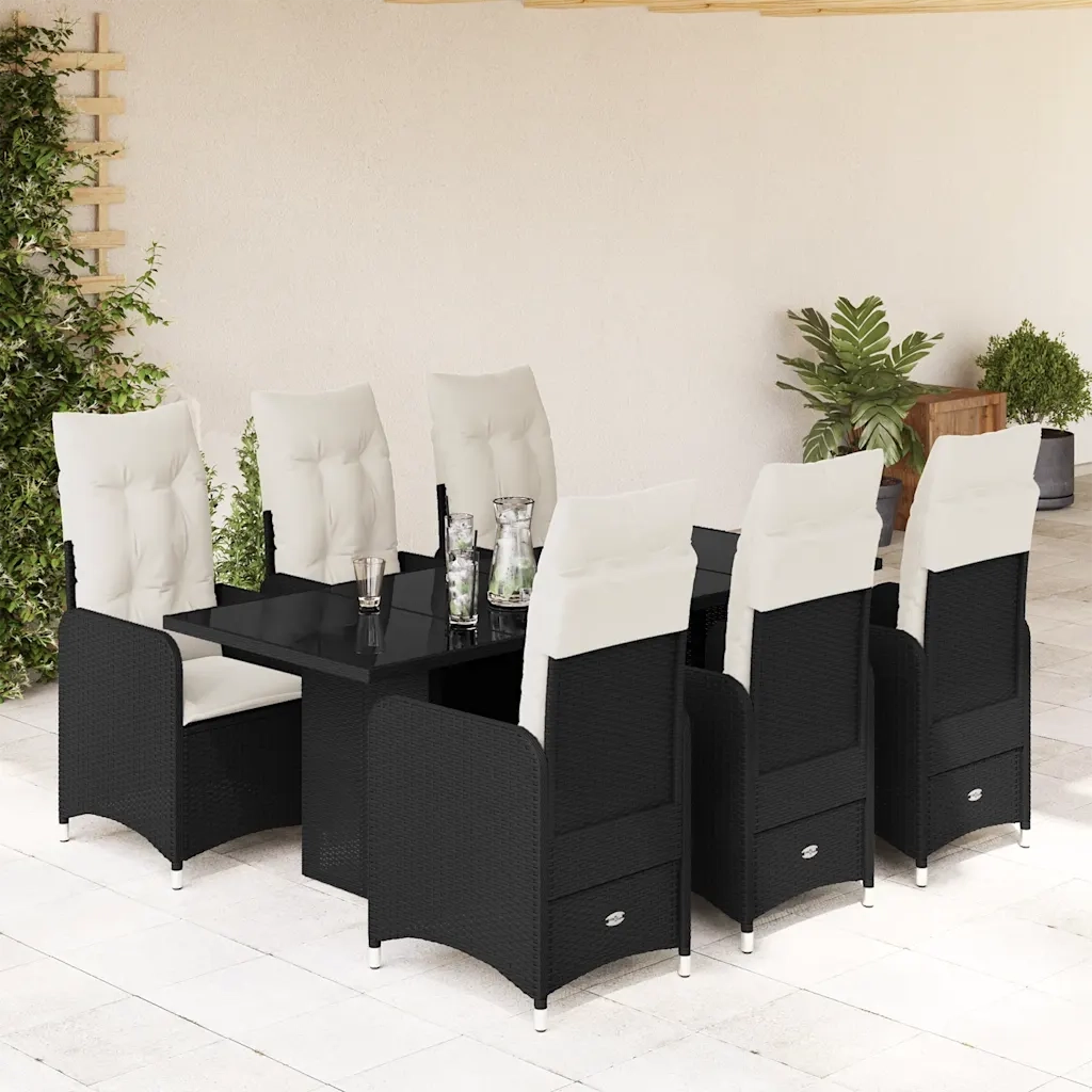 Set da BistrÃ² da Giardino 7 pz con Cuscini Nero in Polyrattan