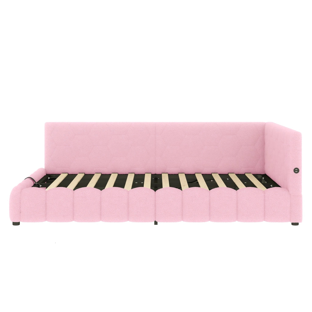 Letti contenitori 140x200 cm con vano contenitore idraulico; LED USB e Type C; velluto rosa (Senza materasso)