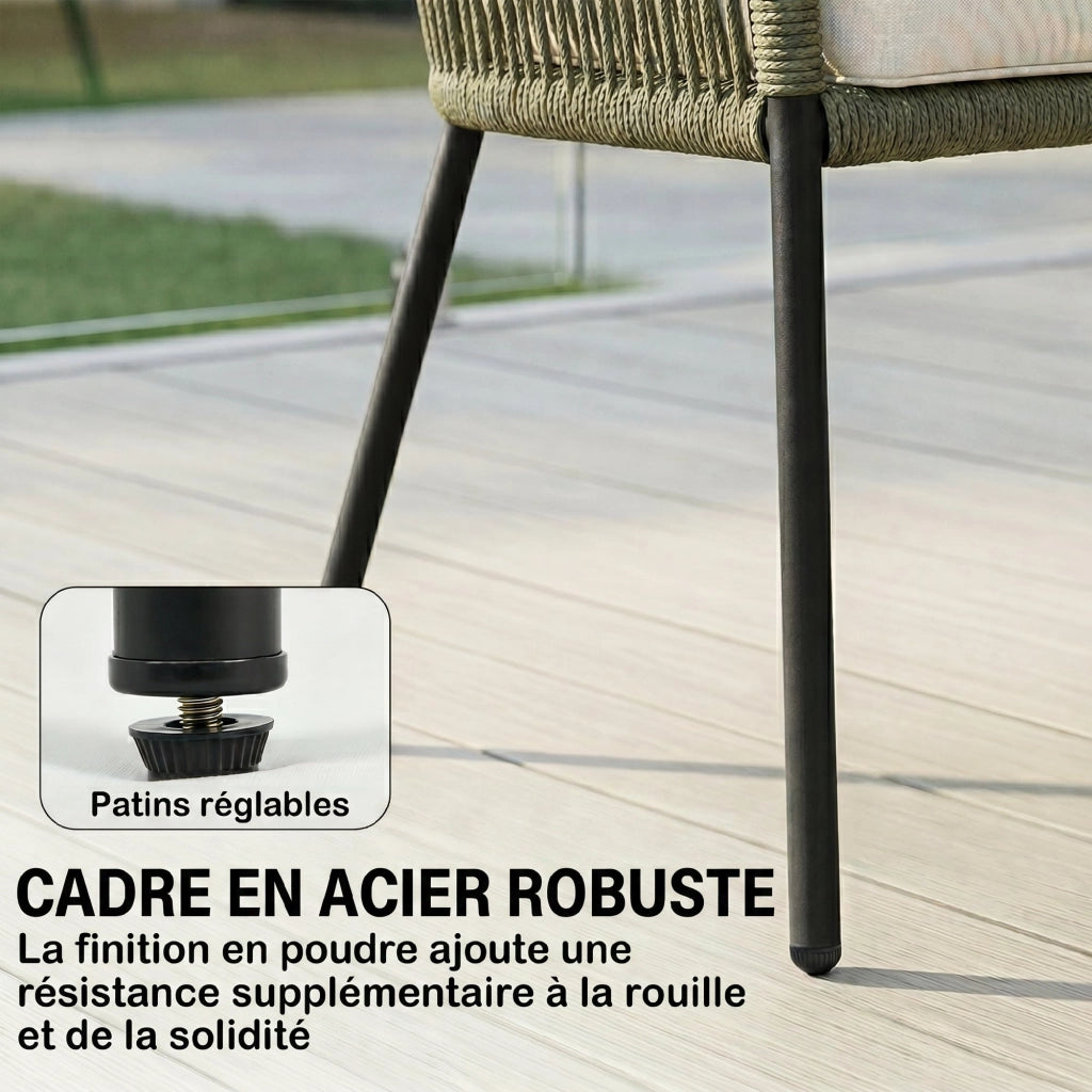 Set Giardino 4 Posti ¨C Zephmum ¨C Divano 2 Posti, 2 Poltrone e Tavolino in Vetro Temperato, Tondi in Polipropilene Intrecciato, Colore Crema