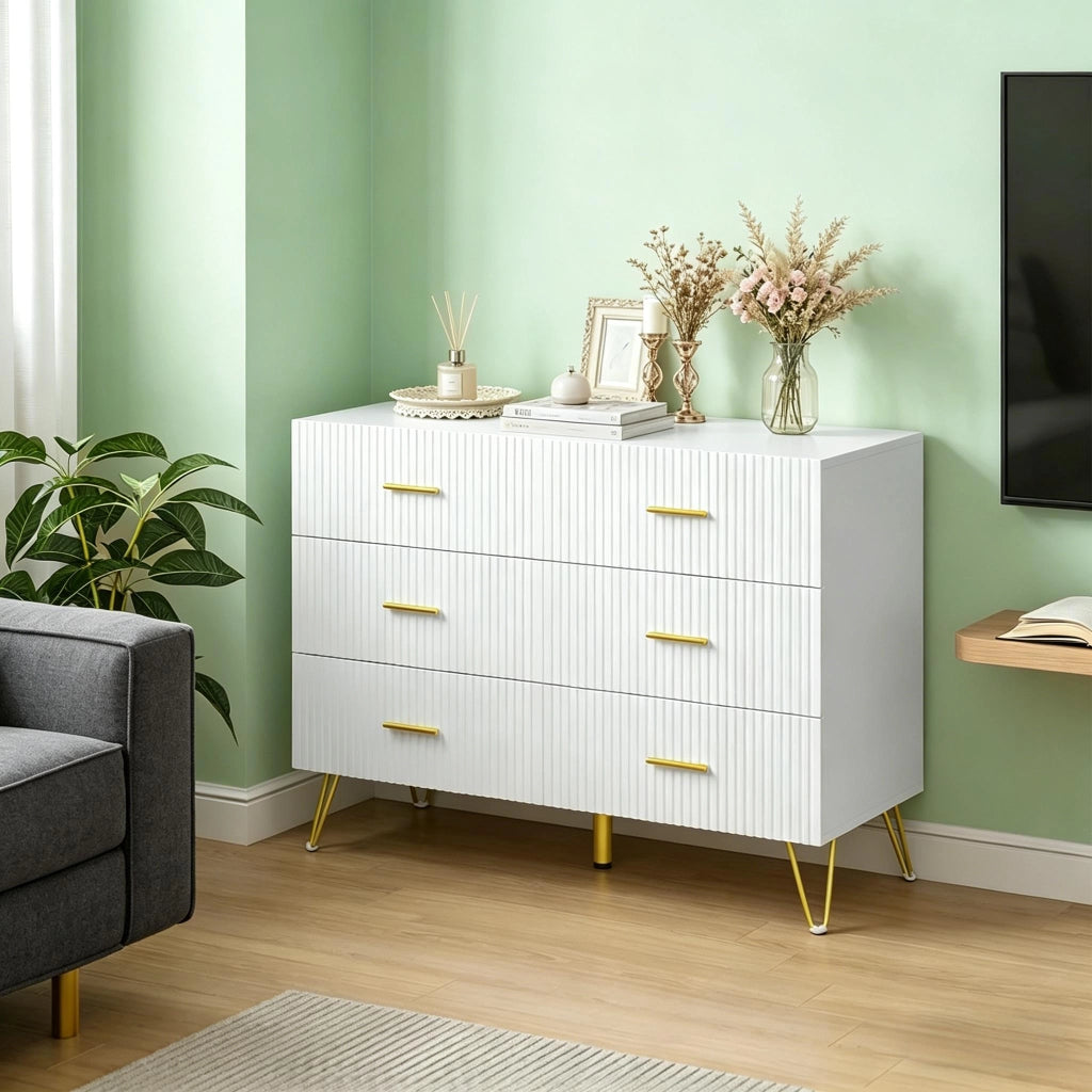 Cassettiera con 6 cassetti in truciolare con rivestimento melaminico bianca e oro per soggiorno e camera da letto