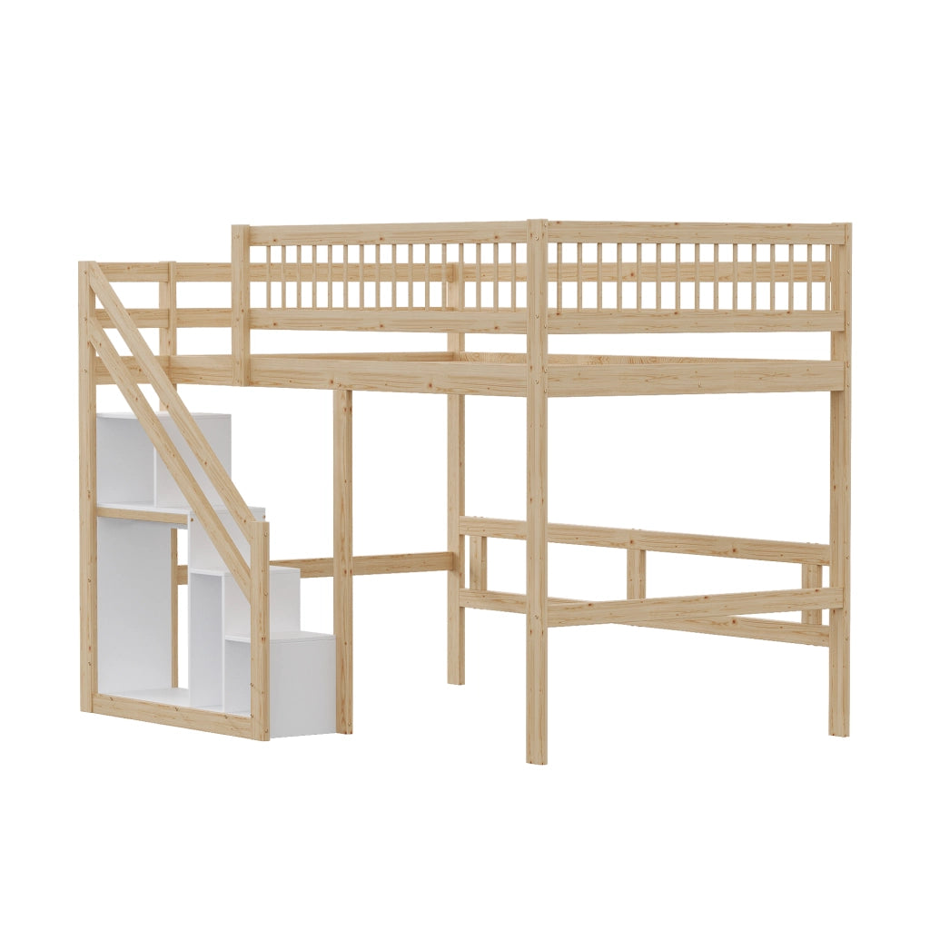 Letto a Soppalco Letto Matrimoniale con Scala Contenitore e Sponda Alta; 140 x 200 cm; senza Materasso