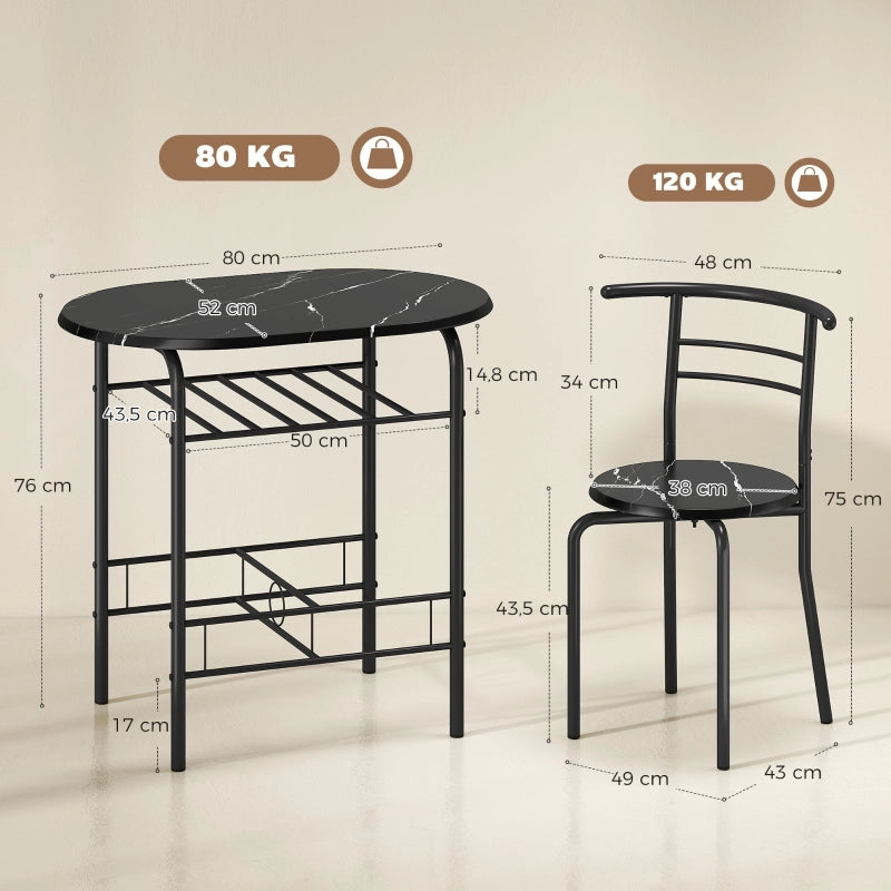 TAVOLO Set 3 pezzi con 2 sedie 80x52x76 cm Nero effetto marmo