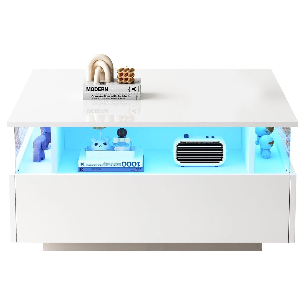 Tavolino da Caff¨¨ LED con 2 Cassetti e Piano Trasparente ¨C MINIMAL ¨C Bianco Lucido 70x70x41